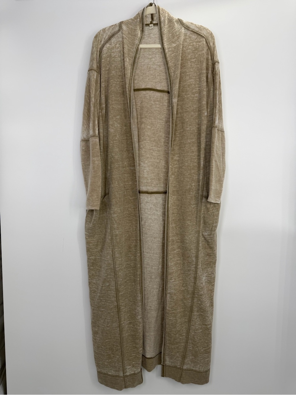 Free People Intimately Heathered Olive Tan Long Open Front Boho Duster Cardigan